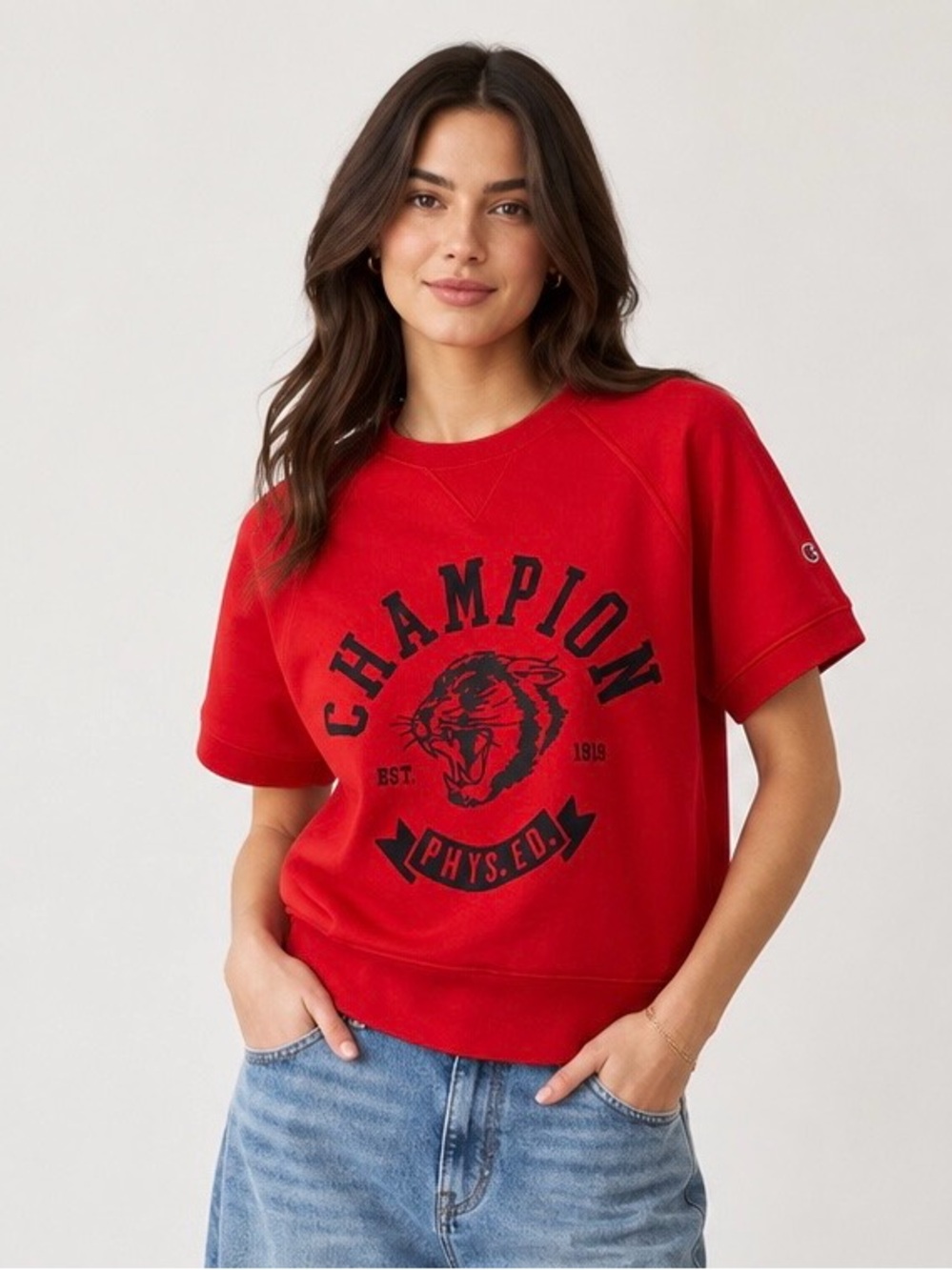 Champion Women’s Short Sleeve Fleece Sweatshirt Red Tiger Graphic Medium